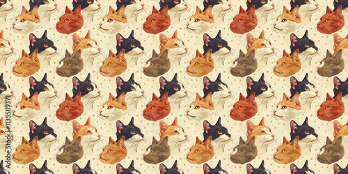 Colorful cat pattern with various breeds and colors photo