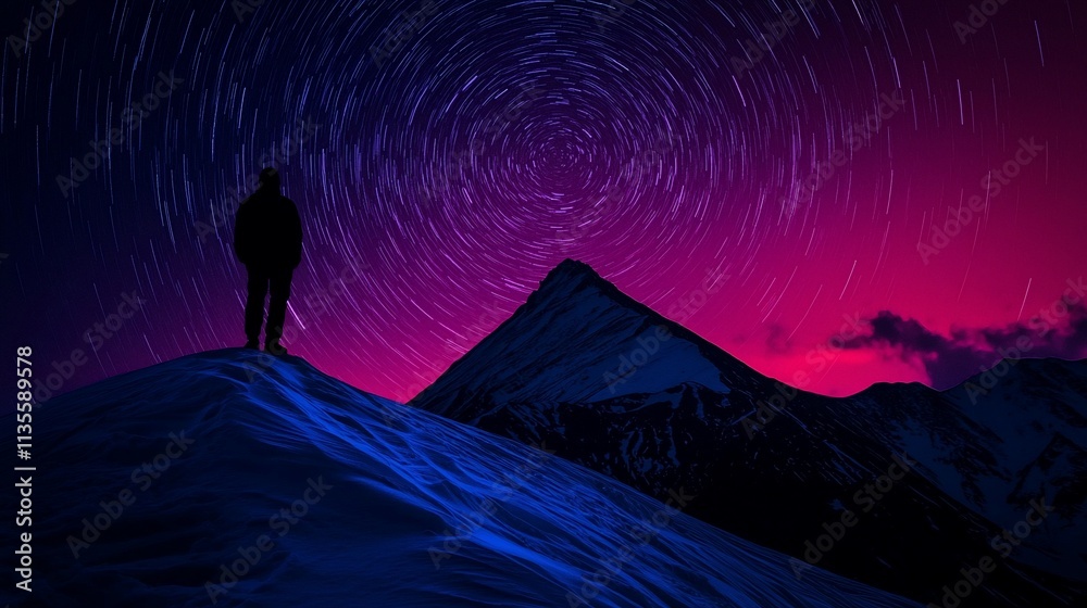 Naklejka premium Silhouette of man on snowy mountain peak under swirling star trails.