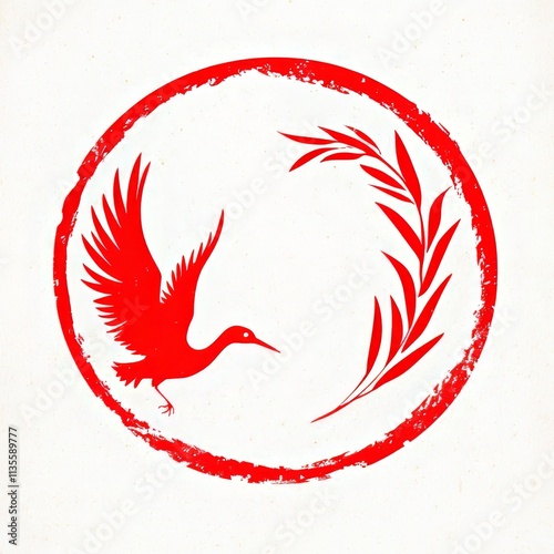 Red crane bird and leaves in a circular stamp design.