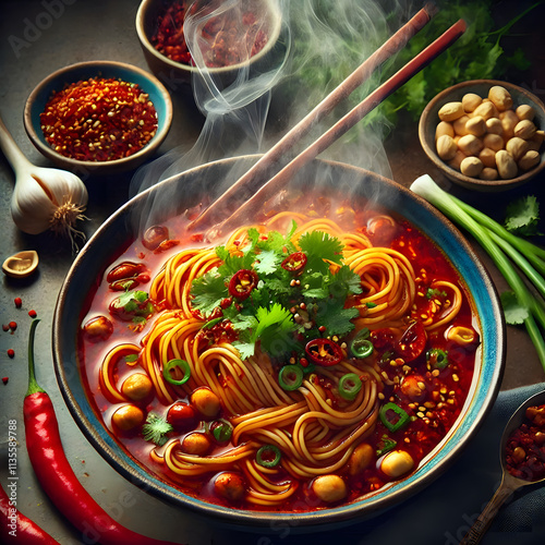 Hot Egg noodle in spicy chilli oil tradition food in china  photo