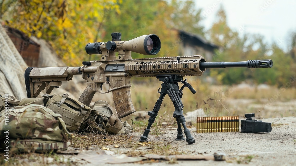 Camouflaged Sniper Rifle Resting On Tripod Camouflaged Sniper Rifle Resting On Tripod