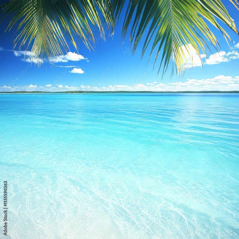 Serene tropical beach scene with clear turquoise water, palm leaves, and blue sky. Serene tropical beach scene with clear turquoise water, palm leaves, and blue sky.