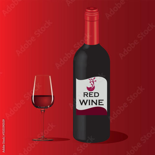 A bottle of 3D wine and a 3D glass of wine on a gradient red background. Vector illustration Eps 10
