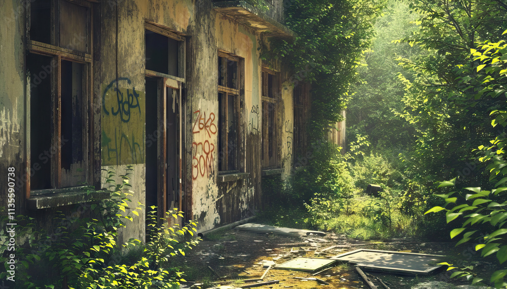 Overgrown Abandoned Building with Graffiti and Vegetation