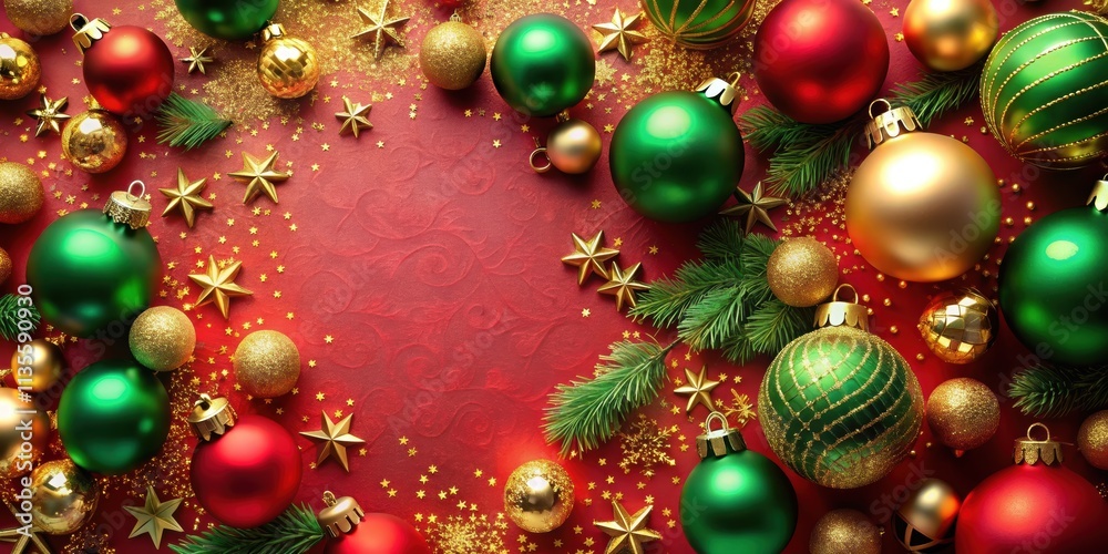 Red, green and golden Christmas background with festive decorations, Christmas, holiday, background, red, green Red, green and golden Christmas background with festive decorations, Christmas, holiday, background, red, green