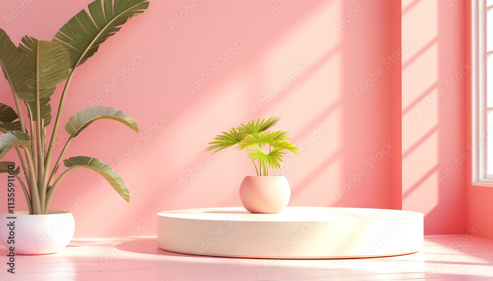 Minimalist Still Life with Two Potted Plants and Circular Platform Minimalist Still Life with Two Potted Plants and Circular Platform