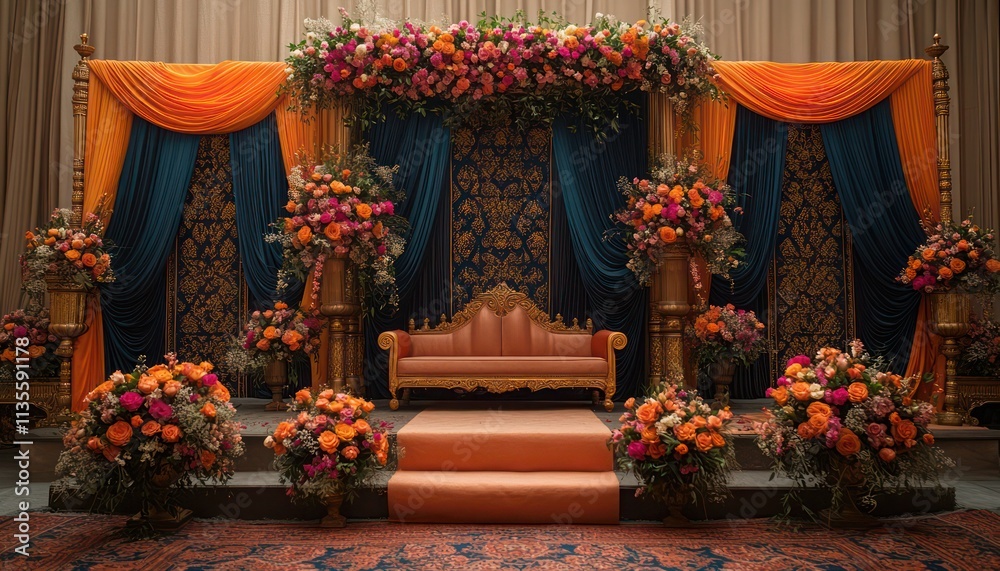 Obraz premium Elegant Muslim Wedding Ceremony: Floral Arch and Colorful Islamic Decor