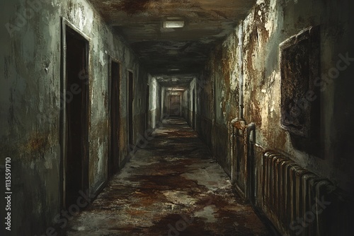 A dark and decaying hallway extends into darkness