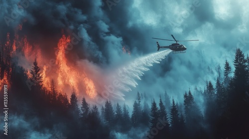 Helicopter fighting wildfire forest action scene dramatic environment aerial view emergency response photo