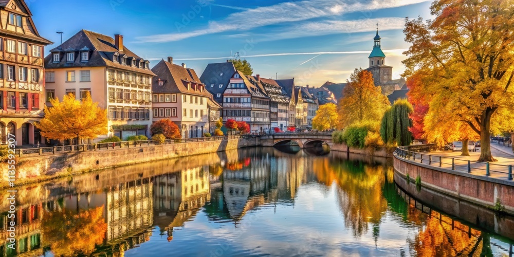 Naklejka premium Sunny autumn day in Strasbourg France , Strasbourg, France, autumn, sunny, sunshine, Alsace, charming, cityscape