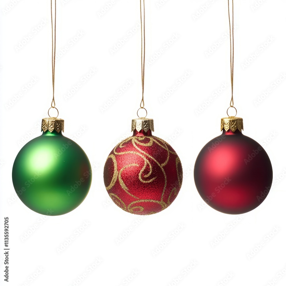 Three hanging Christmas ornaments; green, red patterned, and dark red. Three hanging Christmas ornaments; green, red patterned, and dark red.