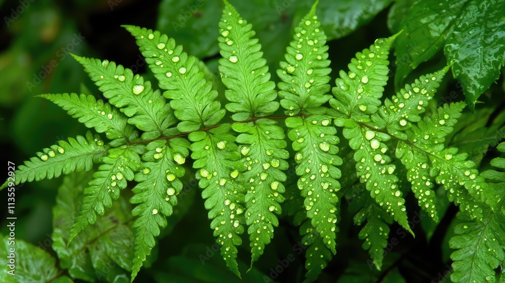 Lush Green Fern Leaves with Water Droplets in Forest Environment Lush Green Fern Leaves with Water Droplets in Forest Environment