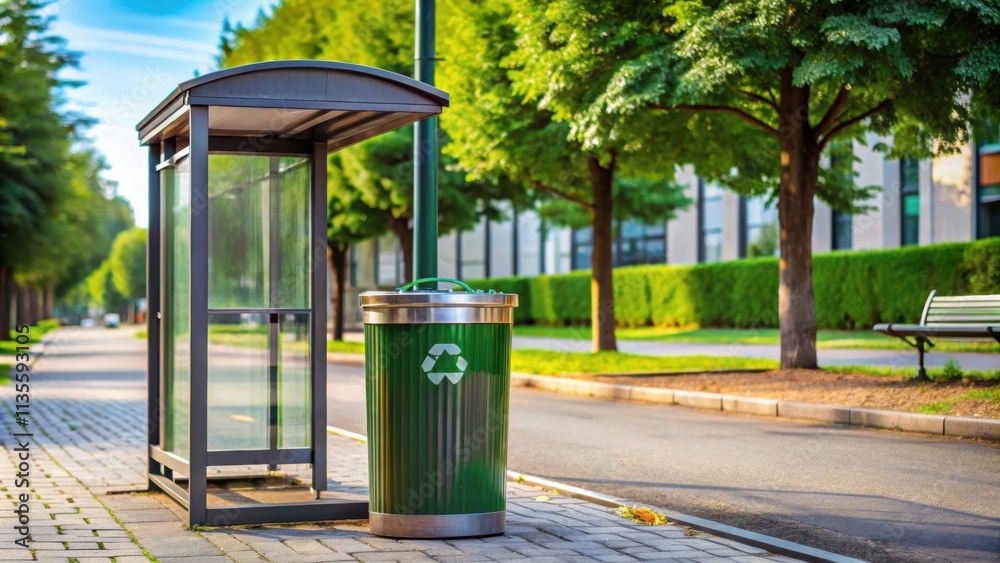Public trash can with recycling sticker next to bus stop, recycling, garbage, bin, environment, city, urban Public trash can with recycling sticker next to bus stop, recycling, garbage, bin, environment, city, urban