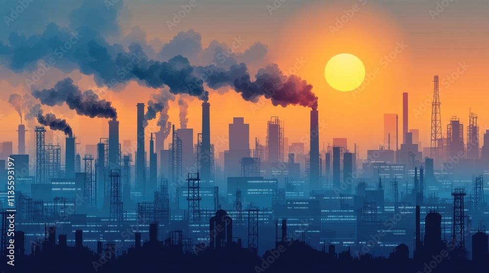 Fototapeta premium Industrial Landscape with Smoking Stacks at Sunset, Pollution and Urbanization, Factory Silhouette against Warm Sky, Environmental Impact Illustration