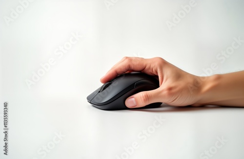 Hand holds wireless computer mouse on white surface. Modern tech device. Person controls tech tools. Simple tech image. Easy to use mouse. Ergonomic design. Wireless tech. Business tech background. photo