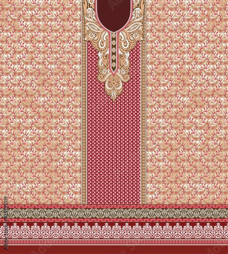 A lavish fabric adorned with an elaborate red and gold pattern, highlighting its intricate and decorative details