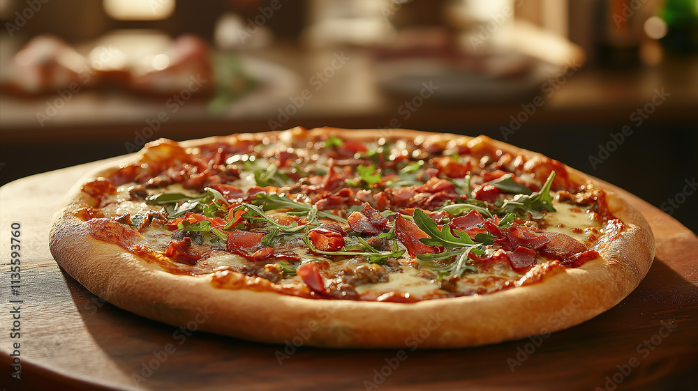 Delicious Pizza with Bacon and Arugula Delicious Pizza with Bacon and Arugula