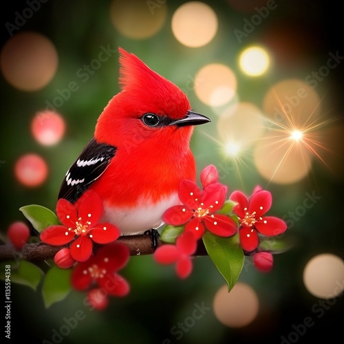 Vibrant red bird perched on a flowering branch, bokeh background.
