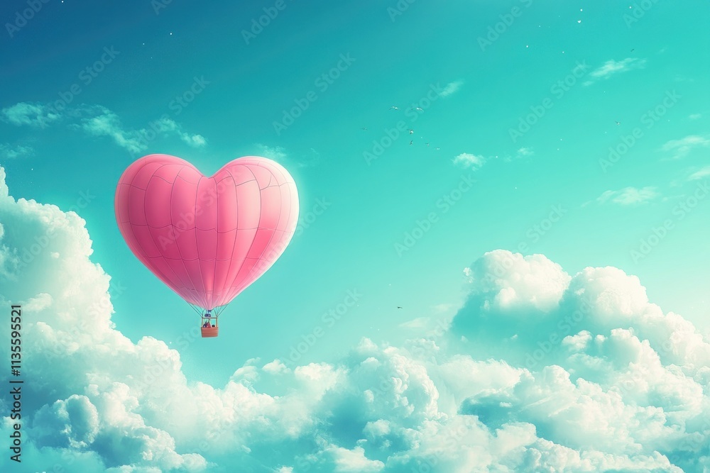 Obraz premium Romantic Heart-Shaped Hot Air Balloon Floating in a Clear Blue Sky Surrounded by Soft White Clouds During a Beautiful Day of Adventure and Love
