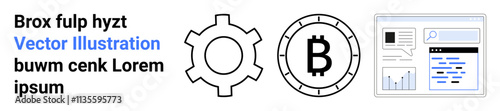 Gear icon, Bitcoin symbol, digital dashboard with charts and data, blue and black colors, lorem ipsum text. Ideal for blockchain, cryptocurrency, fintech, software, data analytics, technology, user