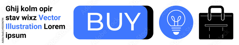 Blue rectangular buy button, blue round lightbulb icon, black briefcase icon, centered text. Ideal for online shopping, business ideas, entrepreneurship, e-commerce, startup pages, professional Blue rectangular buy button, blue round lightbulb icon, black briefcase icon, centered text. Ideal for online shopping, business ideas, entrepreneurship, e-commerce, startup pages, professional