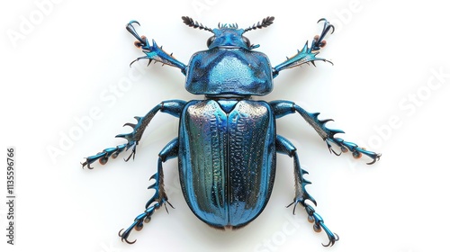 A beautiful, metallic blue beetle with a shiny, armored shell, isolated on a white background, top view