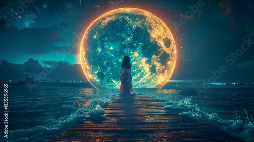 Silhouetted Figure on Pier Facing a Giant Glowing Moon..
