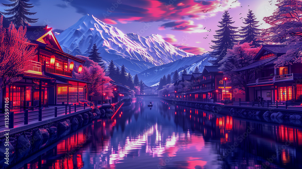 Obraz premium Japanese Canal Village at Twilight with Snowy Peaks..