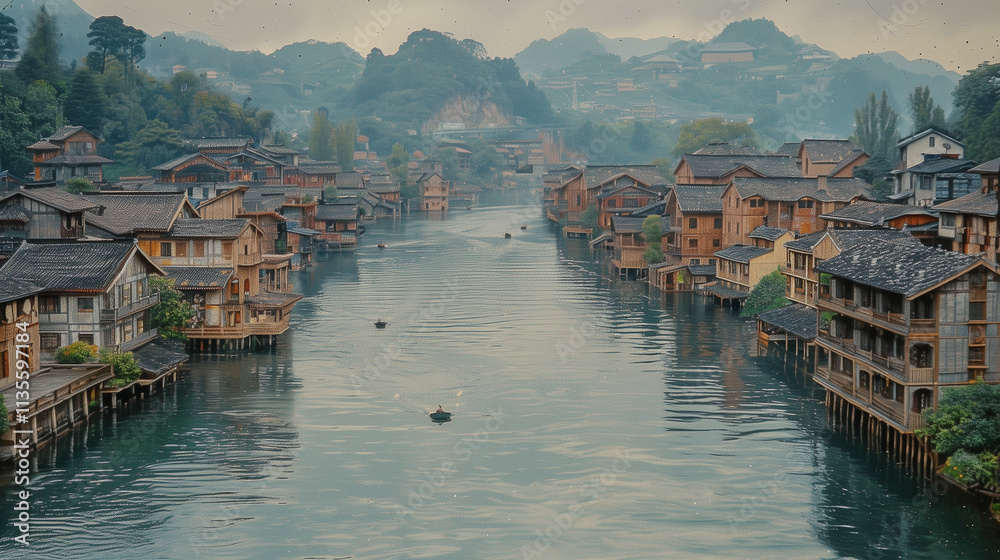 Naklejka premium Traditional Riverside Village with Wooden Houses..