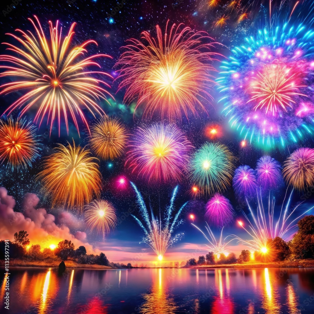 Beautiful blue and pink fireworks display lights up the sky with dazzling display during new year Beautiful blue and pink fireworks display lights up the sky with dazzling display during new year