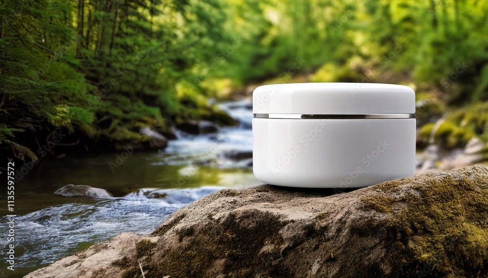 white beuty cream packaging on the side of small riverr, background in the green forest white beuty cream packaging on the side of small riverr, background in the green forest