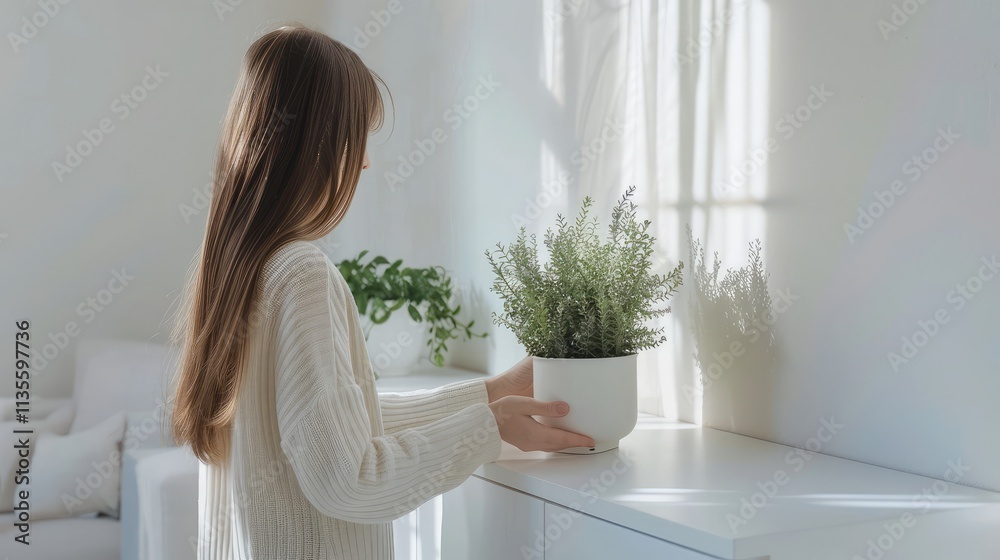 a beautiful, minimalist room with a cute girl gently placing a white plant pot on a sleek shelf a beautiful, minimalist room with a cute girl gently placing a white plant pot on a sleek shelf
