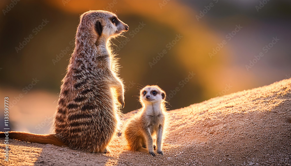 Fototapeta premium Adorable Baby Meerkat Standing Tall Beside Its Watchful Parent