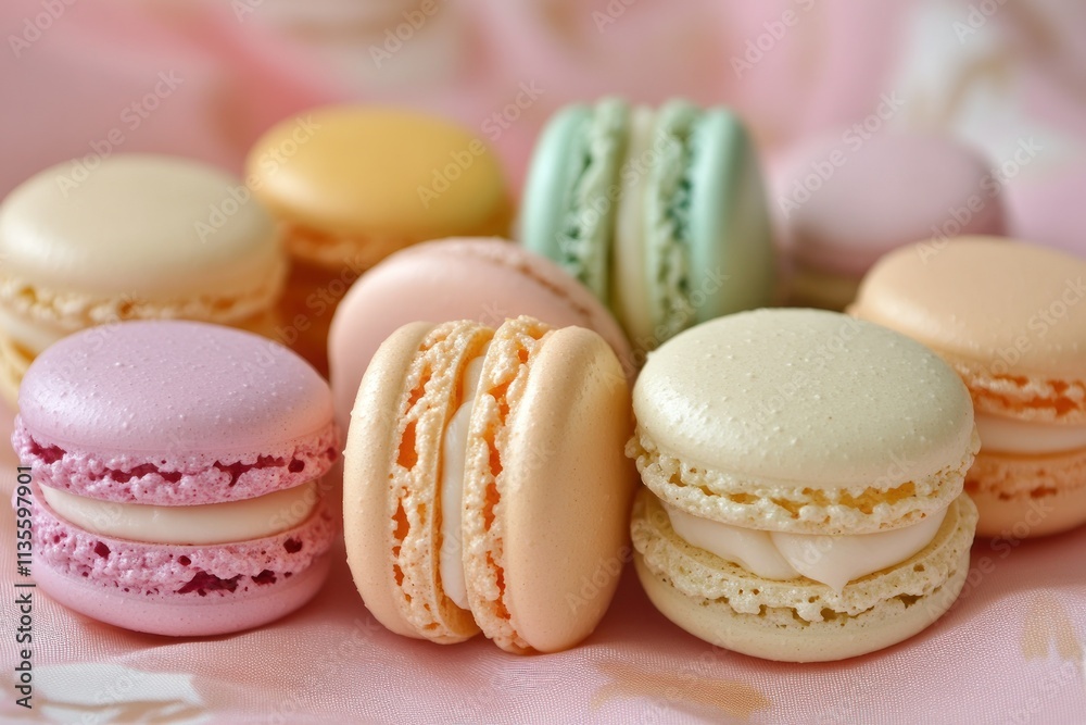 Colorful Macarons Arranged on Soft Pink Fabric, Showcasing Various Flavors and Beautifully Decorated With Subtle Patterns for Culinary Delight and Tempting Treats Colorful Macarons Arranged on Soft Pink Fabric, Showcasing Various Flavors and Beautifully Decorated With Subtle Patterns for Culinary Delight and Tempting Treats