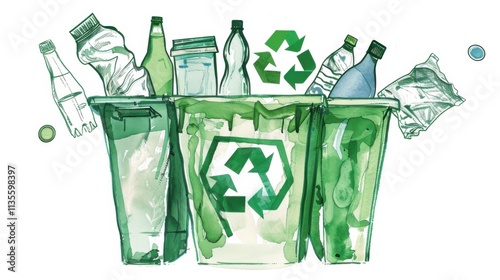 An artistic interpretation of a recycling bin filled with various recyclable items, depicted in clean, distinct lines and shades of green against a white background photo