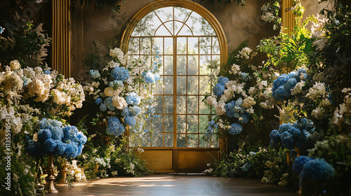 Sunlit room with floral arrangements and arched window.