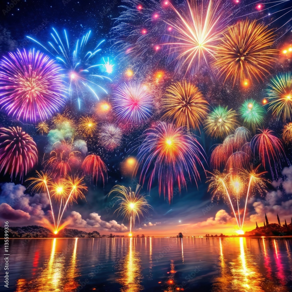 Beautiful blue and pink fireworks display lights up the sky with dazzling display during new year