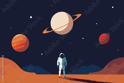 A minimalist flat-style space scene with planets, stars, and an astronaut