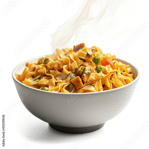 Steaming Bowl of Perfectly Cooked Maggie Noodles Drenched in Flavorful Seasoning, Isolated with White Background. Comforting and Irresistible Instant Meal.