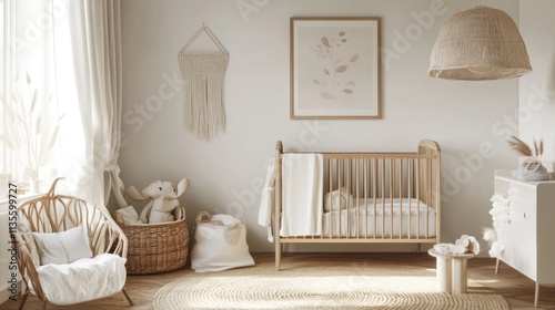 Serene Nursery Design: Minimalist Baby Room Decor with Neutral Tones and Natural Textures