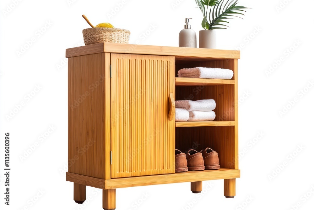 Wooden cabinet with shelves, storage, and towels. Wooden cabinet with shelves, storage, and towels.