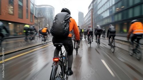 A group of people are riding bikes down a wet street