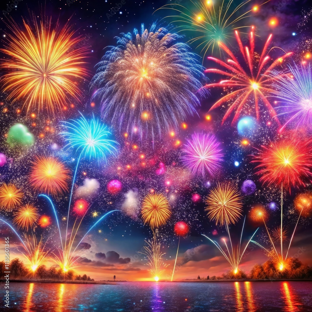Vibrant Fireworks Lighting up the Night Sky Vibrant Fireworks Lighting up the Night Sky