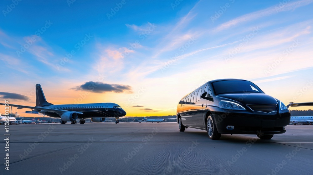 Fototapeta premium A black limousine is parked next to an airplane on a runway