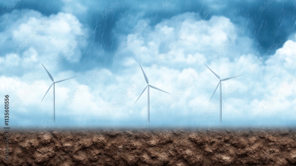 Rainy Day Wind Turbines Clean Energy Renewable Power Sustainable Technology