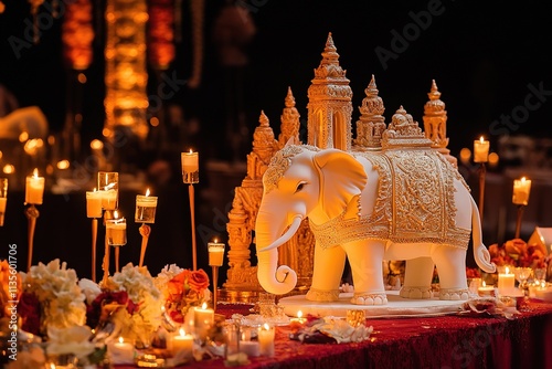 Elegant Elephant Cake Decorated With Golden Temples photo