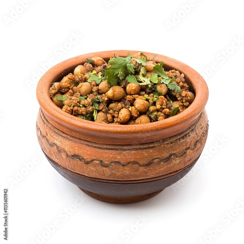 Traditional Georgian Chanakhi Dish Served in a Clay Vessel Isolated on White Background. Rich Stew of Lamb, Vegetables, and Herbs, Perfect for Authentic Cuisine and Cultural Food Concepts. photo