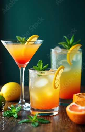 Colorful summer cocktails in glasses with ice, garnishes. Refreshing drinks with lemon, mint. Perfect for party celebration. Drinks presented on wooden surface. Fruit slices like lemon, grapefruit.