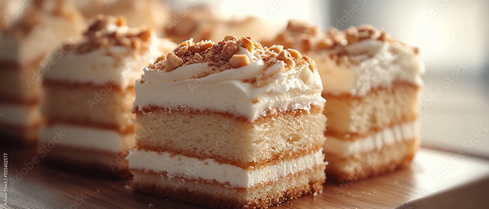 Close-up of layered cakes with cream frosting and nuts. Close-up of layered cakes with cream frosting and nuts.