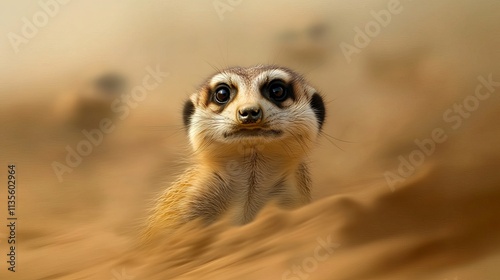 Wallpaper Mural Curious meerkat peering out from sandy terrain with a soft, blurred background, capturing an inquisitive moment in nature. Torontodigital.ca